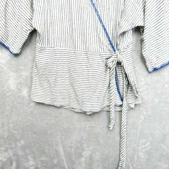 Sundance Wrap Top Womens Large White Gray Striped Belted Surplice Wide Sleeve - Picture 5 of 14